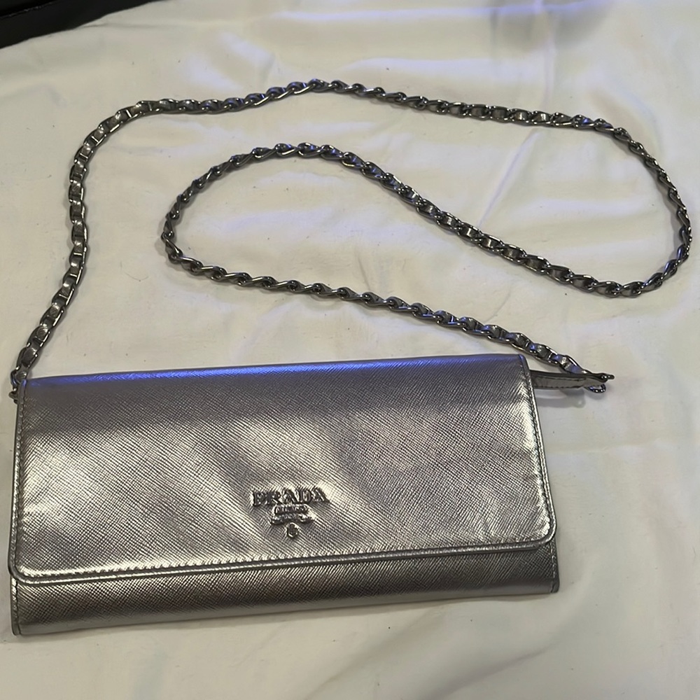 Prada silver wallet cross body bag